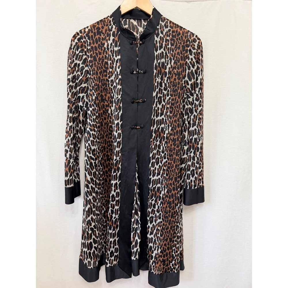 Sheer Cheetah Print Kimono Duster Mandarin Collar Toggle Lounge Layer Large